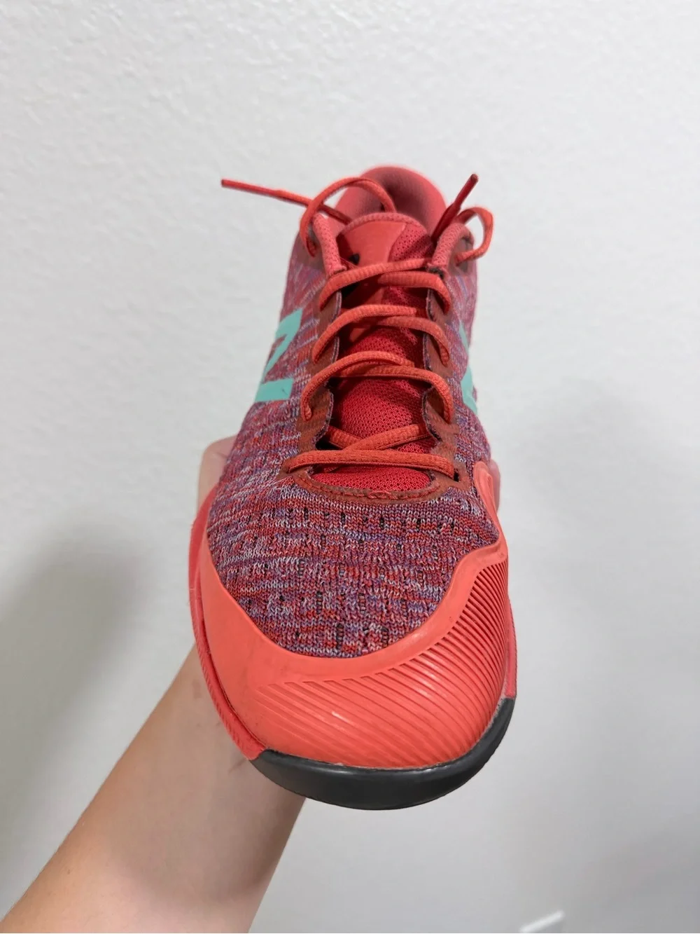 New Balance Red Knit Sneaker with Teal Logo tennis shoes